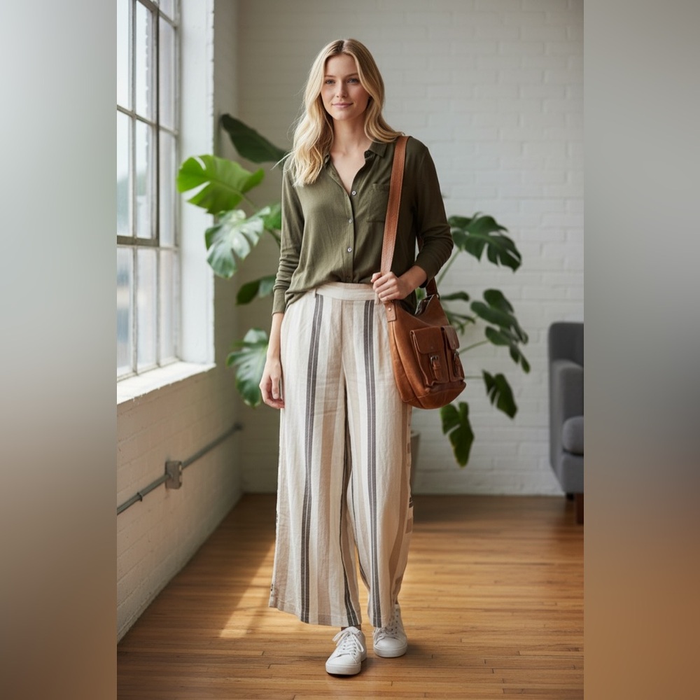 Anthropologie Beige and White Wide-Leg Pants